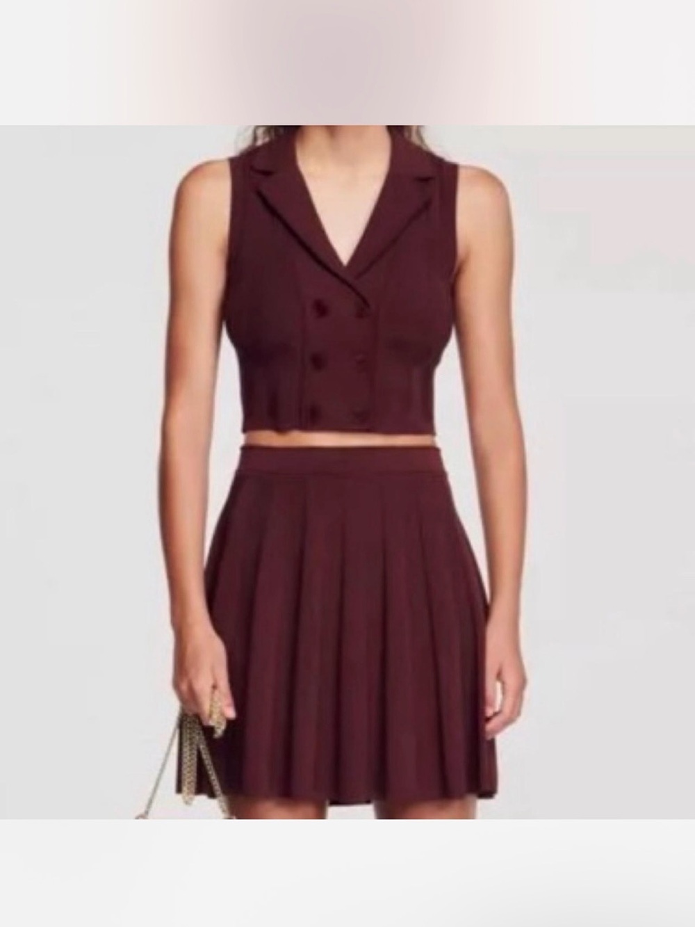 Sandro Cropped Double-Breasted Top & Pleated Mini Skirt in Burgundy